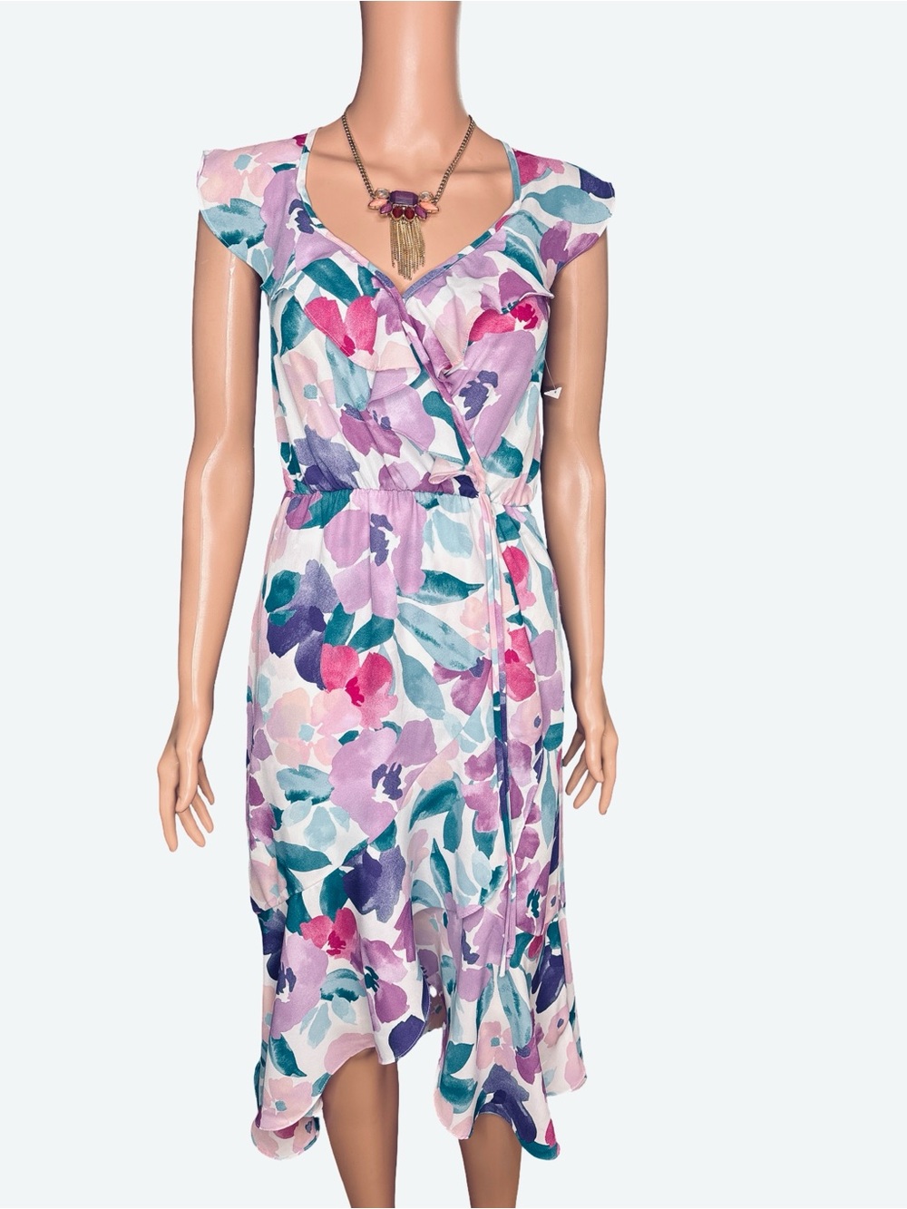 Socialite Pink Teal Floral Wrap Midi Dress Small - Picture 3 of 7